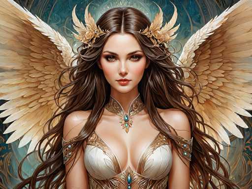 This image portrays a highly detailed, computer-generated or AI-generated fantasy character of a young woman with long, wavy brown hair. She has striking brown eyes and is adorned with an elaborate gold headband featuring intricate floral designs and feathers. Her attire is a form-fitting, white and gold dress with a low neckline, complemented by a matching choker necklace that has a prominent blue jewel at its center. The dress is further embellished with blue jewels on the chest area. She has large, majestic golden wings extending from her back, adding to her ethereal appearance. The background is a rich tapestry of blue and gold hues, enhancing the overall fantasy aesthetic of the image.