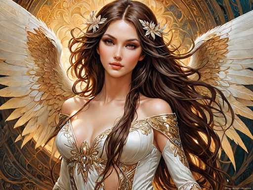 This image is a detailed, computer-generated illustration of a young woman with long, wavy brown hair that cascades down to her waist. She has striking brown eyes and is adorned with two white flowers, one on each side of her head. The woman is dressed in an elaborate white gown that features intricate gold embroidery and a low-cut neckline, revealing a hint of cleavage. The dress is sleeveless on her right shoulder, while her left shoulder is covered by a gold-embellished sleeve. She has large, majestic white wings with gold accents on the feathers, extending from her back. The background is a rich tapestry of gold and bronze hues, with a circular pattern that adds depth and texture to the scene. The overall composition exudes a sense of ethereal beauty and grandeur.