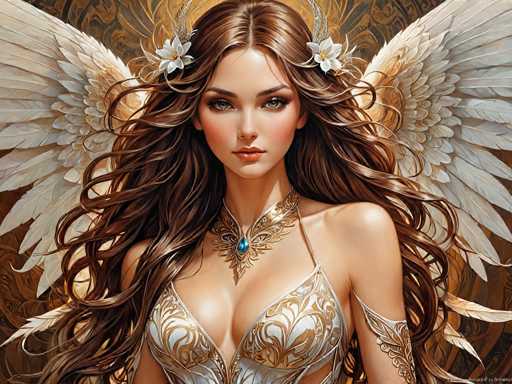 This is a detailed digital illustration of a young woman with long, wavy brown hair that cascades down to her waist. She has striking green eyes and is adorned with a golden, leaf-patterned necklace featuring a blue gem at its center. Her attire includes a white and gold dress with intricate floral designs, and she wears a white armband on her left arm. Her expression is serious, and she gazes directly at the viewer. She has two white feathered wings extending from her back, adding to her ethereal appearance. The background is a rich tapestry of gold and brown hues, enhancing the overall regal and mystical aura of the image.