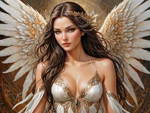 The image depicts a highly detailed, computer-generated painting of a young woman with long, wavy brown hair cascading down to her waist. She has striking brown eyes and is adorned with a gold headband featuring intricate floral designs. Her attire is a low-cut, white dress embellished with gold trim and a prominent green gem at the center of the chest. The dress is supported by a single strap over her left shoulder, leaving her right shoulder bare. She also wears white arm coverings that extend from her elbows to her wrists, decorated with gold bands. Her wings, which are large and predominantly white with hints of gold near the base, spread out behind her, adding to her ethereal appearance. The background is a rich, golden hue with ornate, swirling patterns, enhancing the overall regal and mystical aura of the scene.