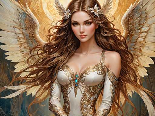 This image is a detailed, computer-generated illustration of a young woman with long, flowing brown hair that cascades down to her waist. She has striking brown eyes and is adorned with two white flowers, one on each side of her head. The woman is wearing an elaborate, cream-colored dress with intricate gold designs and a low-cut neckline. The dress features a prominent blue jewel at the center of her chest, flanked by two smaller blue jewels. Her arms are covered by long, white sleeves that extend from her shoulders to her wrists, embellished with gold designs. She has large, majestic white wings with gold trim that spread out behind her, adding to her ethereal appearance. The background is a blend of golden and blue hues, enhancing the overall magical and angelic aura of the image.