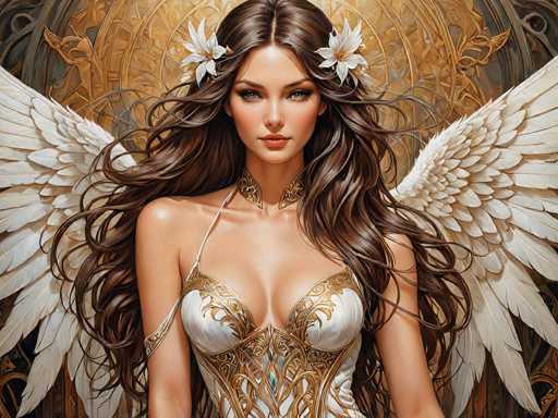 The image depicts a highly detailed, computer-generated or AI-generated painting of a young woman with long, wavy brown hair adorned with two white flowers. She has striking green eyes and is wearing a low-cut, white dress with intricate gold embroidery and a corset-like bodice. A golden choker adorns her neck, and a white strap drapes over her right shoulder. Her expression is serious, and she gazes directly at the viewer. She has large, white angel wings extending from her back, and the background features a golden, ornate design with circular patterns and floral motifs. The overall composition is rich in detail, with a focus on the woman's elegant and ethereal appearance.