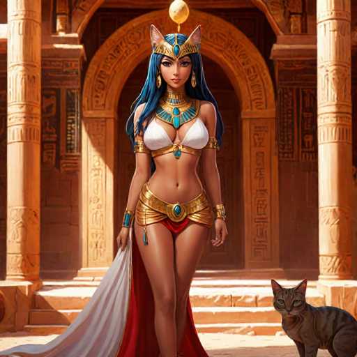 The image depicts an Egyptian goddess standing on a stone platform with her arms crossed and wearing a blue headdress adorned with gold jewels. A cat is sitting nearby, facing away from the viewer. The background features a large archway leading to another room, suggesting that this scene takes place in a temple or palace.