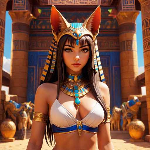 The image depicts a woman wearing an Egyptian-style outfit and headdress with gold accents, standing in front of the Great Pyramid of Giza. The woman is positioned centrally within the frame, drawing attention to her striking appearance.