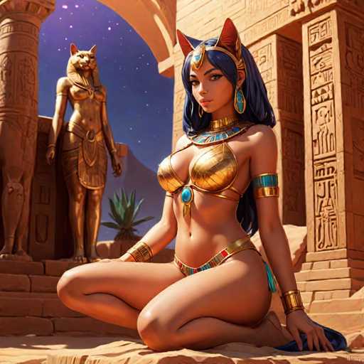 The image depicts two Egyptian goddess statues positioned on either side of a woman sitting cross-legged and wearing a gold bikini top and blue skirt. The background features a stone wall with hieroglyphics, suggesting the scene is set in an ancient Egyptian temple or tomb.