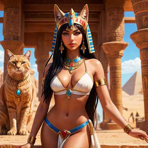 The image depicts a woman wearing a white strapless dress and a gold headdress with a blue and red gemstone at the top of her head, standing next to an orange tabby cat in front of a temple. The background shows the ruins of the temple against a clear sky.