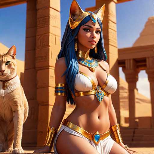 The image depicts two individuals - a woman wearing a blue and gold costume with large earrings and a headdress, and an orange cat standing next to her on the left side of the frame. The background features a stone structure or column, suggesting that they are in a historical or ancient setting.