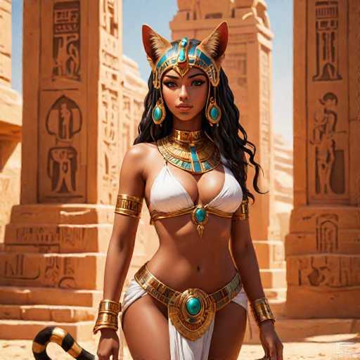 The image depicts a woman dressed in an Egyptian-style outfit, including a headdress and a golden necklace, standing in front of ancient ruins with catacombs. The woman is positioned on the right side of the frame, facing towards the left.
