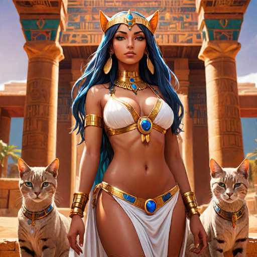 The image depicts a woman wearing a white dress and gold jewelry standing in front of an ancient Egyptian temple. She is accompanied by two cats, one gray and the other brown. The background features columns and statues that are characteristic of ancient Egyptian architecture.