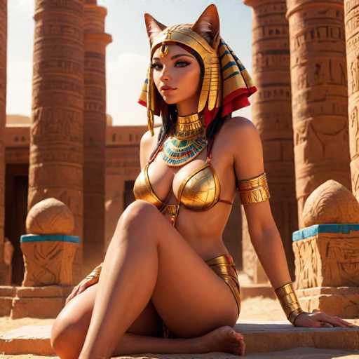 A woman dressed in ancient Egyptian fashion is seated on a stone platform within the walls of an ancient temple. She wears a gold headdress and a red and blue striped dress that contrasts with her golden bikini bottom. The temple's columns and statues are visible behind her, creating a sense of depth and grandeur to the scene.