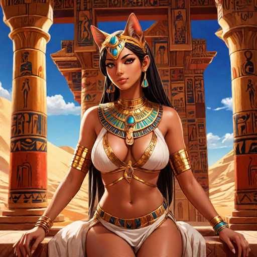 The image depicts a woman wearing a white dress and gold jewelry, including earrings and a headdress with cat ears, seated on a throne-like structure within an Egyptian temple. The background features columns and hieroglyphics, suggesting the setting is ancient Egypt.