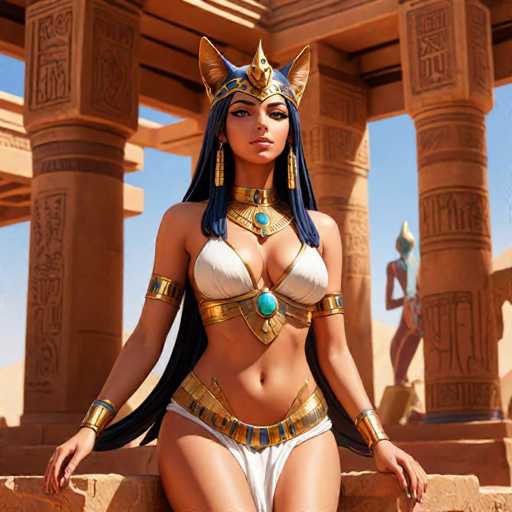 The image depicts an Egyptian goddess with a blue headdress and gold earrings standing on the edge of a stone platform within a temple. The goddess is wearing a white swimsuit and gold jewelry that includes a large turban.