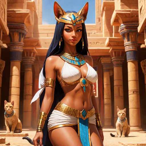 The image depicts an Egyptian goddess with long dark hair and a blue headdress standing in front of a temple. She is wearing a white dress adorned with gold accents and a gold necklace. Two cats are present in the scene, one on each side of her. The background features columns and statues, suggesting that this is a temple or a similar architectural structure.