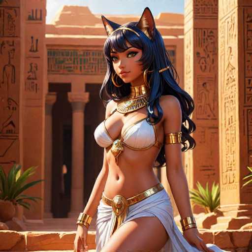 The image depicts a woman with long dark hair and blue eyes standing in front of an ancient Egyptian temple. She is wearing a white dress adorned with gold accents and gold earrings. The temple behind her has hieroglyphics on its walls, suggesting the historical context of the scene.
