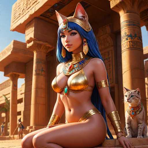 The image depicts an Egyptian goddess statue with a cat sitting next to her on the ground. The goddess is wearing a golden headdress and a blue dress, while the cat has a gold collar around its neck. The background features columns and hieroglyphics, suggesting that this scene takes place in an ancient Egyptian temple or tomb.