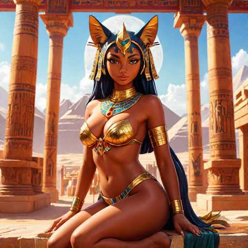 The image depicts an Egyptian goddess with a golden headdress and a blue dress, seated on a rock in front of a temple. The goddess is wearing a gold necklace and earrings, and her hair is styled in loose curls. The background features the columns of the temple, which are adorned with hieroglyphics.