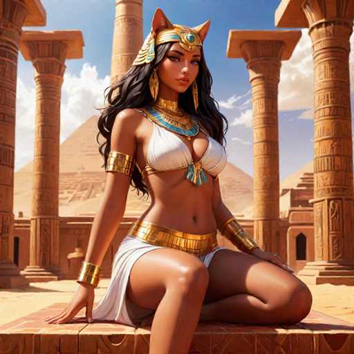The image depicts a woman dressed in traditional Egyptian attire, seated on a stone platform with her legs crossed and wearing a gold headdress adorned with blue jewels. The background features the majestic columns of the Great Pyramid of Giza, suggesting that this scene takes place at the historic site of Egypt.