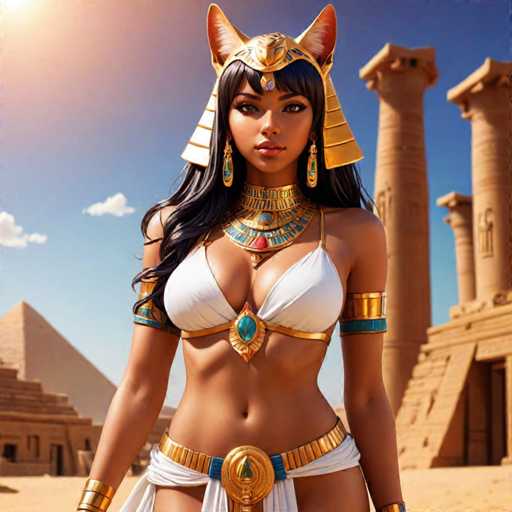 A woman dressed as Cleopatra stands in front of a pyramid and temple complex in Egypt. She is wearing a golden headdress with a cat's face on it, a gold necklace, and a white bikini top. The image also includes the text "What, Who, Where, When, How".