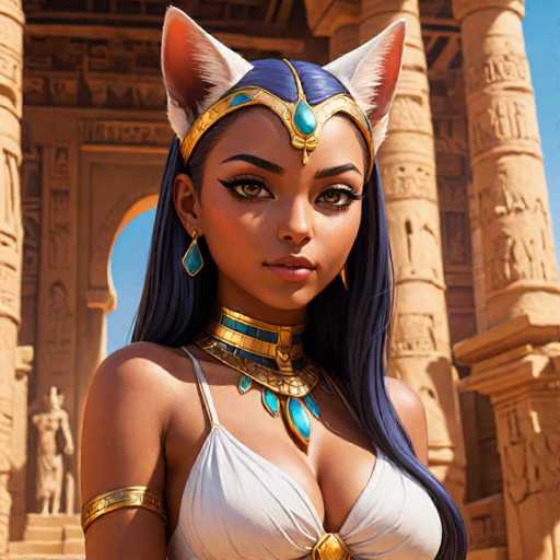 The image depicts a woman with long dark hair wearing a white dress and gold jewelry, including earrings and a headband adorned with blue gemstones. She is standing in front of an ancient Egyptian temple, which features columns and statues on either side. The scene suggests that the woman might be a model or artist posing for a portrait within this historical setting.