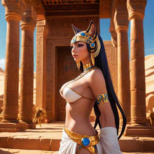 The image depicts a woman dressed in ancient Egyptian attire standing in front of an ornate temple with columns and a pediment. The woman is wearing a gold headdress and a white dress adorned with blue accents. She has long dark hair that cascades down her back. The background features the temple's architectural details, including columns and a pediment, set against a clear sky.