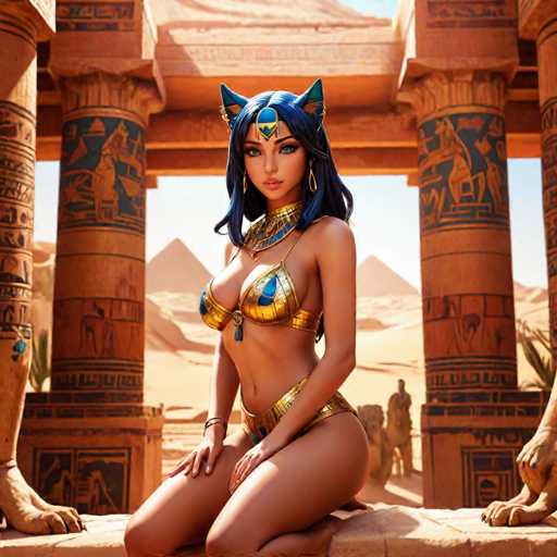 The image depicts a woman wearing a gold bikini and earrings, sitting on a stone platform with her legs crossed. She is positioned in front of two columns adorned with intricate hieroglyphics, suggesting that she may be in the presence of ancient Egyptian architecture or culture. The background features a desert landscape under a clear blue sky, adding to the overall ambiance of the scene.