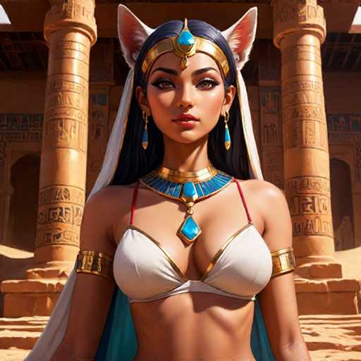 The image depicts a woman wearing a white dress and gold jewelry, including earrings and a headpiece with a blue gemstone at the center of her head. The woman is standing in front of an ancient Egyptian temple, which features columns and hieroglyphics on its walls.