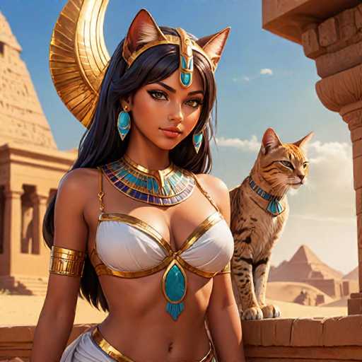 The image depicts an Egyptian goddess with long dark hair and a large headdress adorned with blue jewels standing on the edge of a temple. A cat is sitting next to her on the ground in front of the temple. The background shows the grandeur of the temple complex against a clear sky, suggesting that this scene takes place in ancient Egypt.
