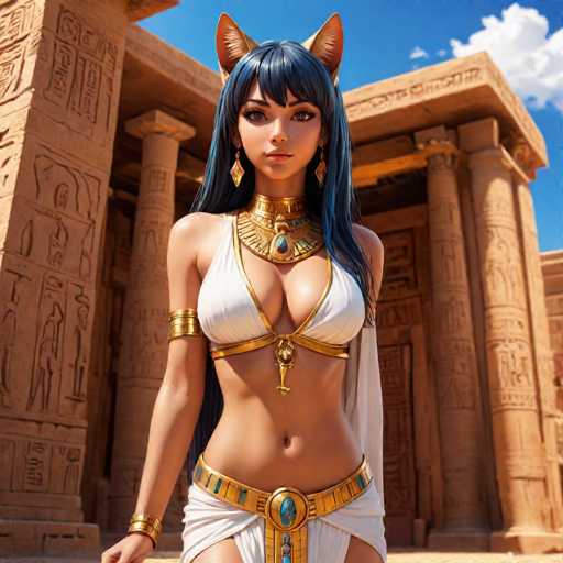 A woman dressed as Cleopatra is standing in front of a temple with columns and statues. She is wearing a white dress and gold jewelry, including earrings and a necklace. The image also includes the text "What, Who, Where, When, How" at the bottom.