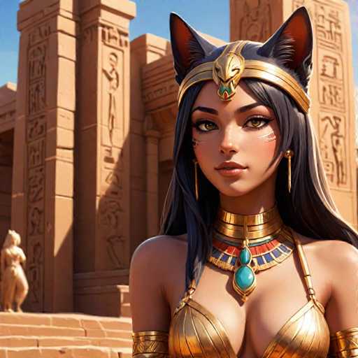 The image depicts a woman wearing a gold headdress and a golden necklace with blue and green gemstones. She is standing in front of an ancient Egyptian temple, which has columns and statues surrounding it. The background features the sky and clouds, suggesting that the scene takes place outdoors during daylight hours.