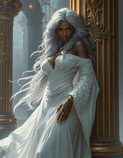 The image depicts a striking, computer-generated African-American woman with long, flowing white hair that cascades down to her waist. She is adorned in a luxurious, white dress that features a deep V-neckline, revealing a hint of cleavage, and long sleeves that drape elegantly over her arms. The dress is form-fitting and accentuates her figure, with a flowing skirt that extends to the floor. Her right arm is positioned behind her, resting against a golden, intricately designed column, while her left hand is placed on her thigh. She wears a gold bracelet on her left wrist and has long, white fingernails. The woman's expression is serious, and she gazes directly at the viewer. The background is a misty, grayish-blue hue, with additional golden columns and archways visible, adding to the ethereal and majestic atmosphere of the scene.