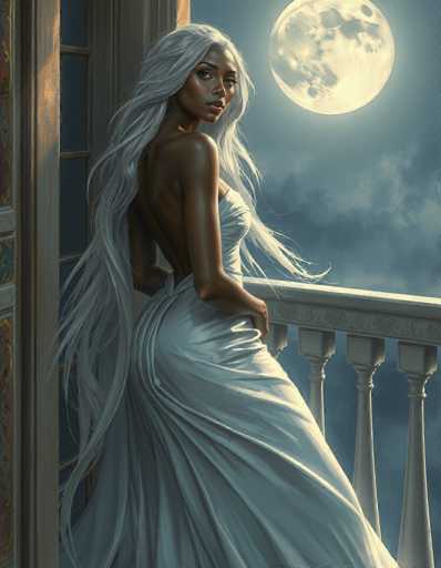 The image portrays a striking, computer-generated scene of a dark-skinned woman with exceptionally long, flowing white hair cascading down to her feet. She stands on a balcony, leaning against a stone railing, with her back partially turned to the viewer. Her attire is a form-fitting, strapless white dress that accentuates her figure, leaving her shoulders and back exposed. The dress is low-cut in the front, revealing a hint of cleavage. She gazes directly at the viewer with a serious expression, her lips slightly parted. The background features a large, luminous full moon partially obscured by clouds, casting a soft glow over the scene. To her left, a window with a wooden frame is visible, adding to the serene and ethereal atmosphere of the image.