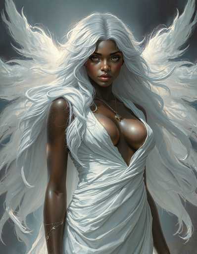 The image depicts a striking, computer-generated portrayal of a black woman with long, flowing white hair that cascades down to her waist. She has a dark complexion and is adorned with a gold necklace featuring a prominent pendant. Her attire is a white, low-cut dress that reveals her cleavage, and she has a gold bracelet on her right arm. The woman's face is framed by her long hair, which partially covers her right shoulder, while her left shoulder is bare. She has a serious expression, with her gaze directed slightly to the left. Behind her, large white wings extend outwards, adding a dramatic and ethereal element to the image. The background is a muted gray, which contrasts with the vibrant details of her appearance.