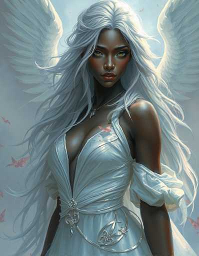 This image portrays a striking, computer-generated depiction of an angelic figure. The central character is a black woman with long, flowing white hair that cascades down to her waist. She has captivating yellow eyes and full lips adorned with red lipstick. Her attire is a low-cut, white dress that reveals a significant portion of her chest and features a sash tied around her waist. The dress is sleeveless, with one sleeve gracefully draped over her left arm. She accessorizes with a silver necklace that has a pendant resting on her chest. 

Her expression is serious, and she gazes directly at the viewer. Large, white angel wings extend from her back, adding to her ethereal presence. The background is a serene blue sky, dotted with small red butterflies that flutter around her, enhancing the celestial atmosphere. The overall composition is vertical, emphasizing the height and grace of the angelic figure.
