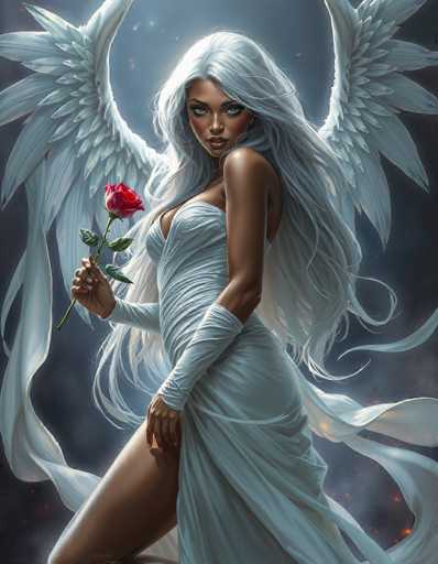 This detailed digital illustration depicts a striking female angel with dark skin and long, flowing white hair. She is adorned in a form-fitting, strapless white dress that accentuates her figure, with the fabric cascading elegantly around her legs. Her attire is complemented by white gloves that extend up to her biceps, adding a touch of ethereal grace. The angel's wings, which are large and majestic, extend from her back, with the feathers appearing almost feather-like in their intricate detail. In her right hand, she delicately holds a vibrant red rose, adding a splash of color to the composition. Her pose is both poised and alluring, with her left leg slightly bent and her right leg extended, while she gazes directly at the viewer with a serene yet captivating expression. The background is a dark, almost black expanse dotted with small red specks, reminiscent of embers or stars, enhancing the mystical and otherworldly atmosphere of the scene.