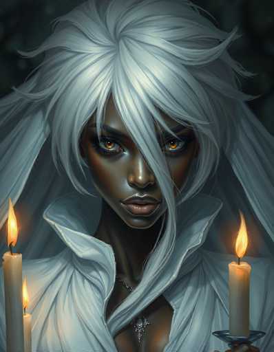 This detailed illustration depicts a striking young woman with dark skin and captivating orange eyes. Her hair, a blend of white and gray, cascades down her face, with a strand partially obscuring her left eye. She is adorned in a white, open-collared shirt that reveals a hint of cleavage, and a silver necklace graces her neck. The woman's expression is serious, her lips painted a soft pink. She holds a silver candlestick in her left hand, which supports a white candle with a flickering flame. To her right, two additional white candles, also lit, add to the scene's ambiance. The background is a dark gray, enhancing the contrast and focus on the woman's features and attire.