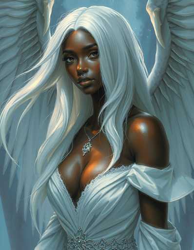 This detailed illustration depicts a striking black woman with long, flowing white hair that cascades down to her chest. She has a dark complexion and is adorned with a silver necklace featuring a prominent pendant. Her attire is a white dress with a deep V-neckline, which is low-cut and off-the-shoulder on her left side, revealing a hint of cleavage. The dress is embellished with intricate silver lace and a silver belt at the waist. Her left arm is partially visible, while her right arm is cut off from the frame. She gazes directly at the viewer with a serious expression, her lips slightly parted. Behind her, a majestic white bird with large wings and a long beak appears to be in flight, adding a mystical aura to the scene. The background is a serene blue sky, enhancing the ethereal quality of the image.