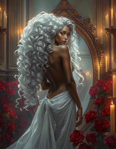 The image depicts a highly detailed, computer-generated scene of a dark-skinned woman with an extraordinary amount of long, curly, white hair that cascades down to her waist. She is positioned in a room adorned with numerous red roses, which are scattered on the floor and placed in vases along the walls. The woman is wearing a sheer, white dress that ties around her waist and leaves her back exposed. She has a gold chain around her waist and a gold belt around her hips. Her hair is styled in a way that it appears to be flowing, as if caught in a gentle breeze. She is looking over her shoulder directly at the viewer, with a serious expression on her face. Behind her, there is a large, ornate mirror with a gold frame, and the walls of the room are painted in a light blue color. The scene is further illuminated by several lit candles, adding a warm glow to the setting.