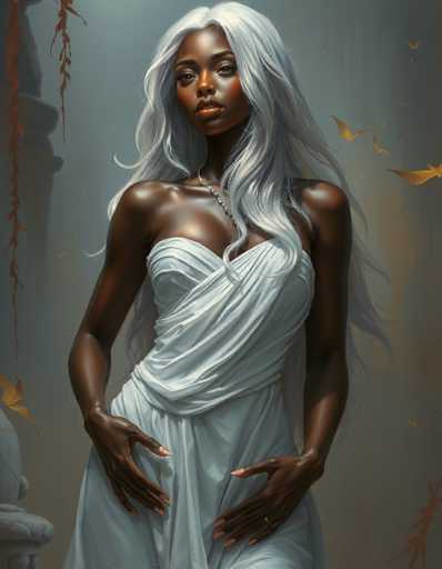 This image is a detailed digital painting of a striking young African woman, likely in her early 20s. She has a dark complexion and is adorned with long, flowing white hair that cascades down her back. Her hair is parted in the middle, framing her face, and she has a full, expressive mouth. Her eyes are a captivating blend of brown and black, and she has a slight, yet confident, smile.

She is dressed in a white, strapless dress that elegantly drapes over her left shoulder, leaving her right shoulder bare. The dress is form-fitting and features a single strap that wraps around her left shoulder. Her arms are positioned gracefully, with her hands resting on her hips, and she wears a ring on her left ring finger.

The background is a muted gray, which accentuates her figure and the white of her dress. To the left of her, there is a partial view of a gray stone chair, adding a touch of classical elegance to the scene. Above her, a few yellow leaves are scattered, and a few yellow birds can be seen in the upper right corner, adding a whimsical touch to the composition.

Overall, the painting captures a serene and elegant moment, highlighting the woman's beauty and poise.