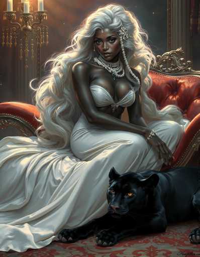 The image portrays a striking African-American woman with long, flowing white hair cascading down her back. She is seated on a luxurious red velvet chair adorned with intricate gold trim. Her attire is equally opulent, featuring a white dress with a matching bra top, complemented by an array of pearl necklaces and bracelets. Her dark skin contrasts beautifully with her white hair and the elegant ensemble. 

In the foreground, a black panther with piercing orange eyes lies on the floor, its front paws extended and head held high, exuding an air of regality. The panther's presence adds an element of mystique and power to the scene. 

The background is richly detailed, with a gold chandelier hanging from the ceiling, casting a warm glow over the setting. The walls are painted a deep blue, and a red and white carpet lies beneath the chair, enhancing the luxurious atmosphere. The overall composition suggests a setting of grandeur and elegance, possibly hinting at a scene from a fantasy or historical narrative.