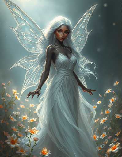 This is a detailed digital illustration of a dark-skinned fairy with long, flowing white hair that cascades down to her waist. She has a striking appearance with a heart-shaped face, large almond-shaped eyes, and full lips. Her skin is a rich dark brown, and she wears silver earrings and a matching silver necklace. She is adorned in a flowing white dress that features a deep V-neckline and thin straps, with a sash cinched around her waist. The fairy's delicate, translucent wings are spread wide, adding to her ethereal beauty. She stands amidst a vibrant field of flowers, predominantly white with yellow centers, and some pink buds, all set against a dark gray background. The fairy's arms are outstretched to her sides, and she gazes directly at the viewer, creating a captivating and magical scene.