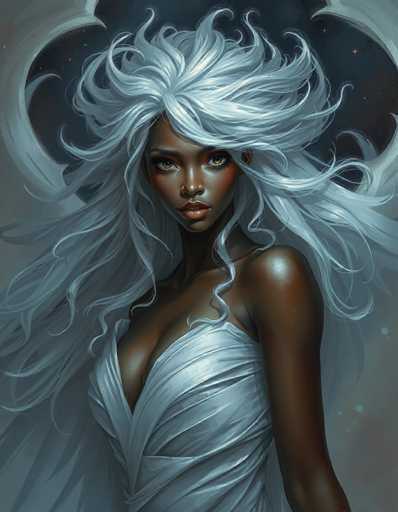 This image is a detailed, computer-generated illustration of a young African-American woman with long, flowing white hair that appears to be blowing in the wind. She has striking brown eyes and full lips, and her expression is serious as she gazes directly at the viewer. She is wearing a white, sleeveless dress that is low-cut, revealing some cleavage, and the fabric of the dress is wrapped around her body. The background features a dark, starry night sky with a subtle halo effect around her head, adding to the ethereal quality of the image. The overall color palette includes shades of brown, white, gray, black, and hints of orange, contributing to the dramatic and captivating atmosphere of the scene.