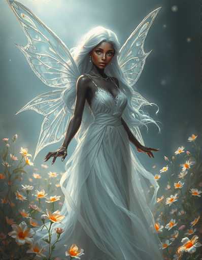 A digital illustration of a fairy with long white hair and wings, dressed in a white dress and holding a flower. The fairy is standing amidst a field of flowers, which include daisies and other wildflowers.