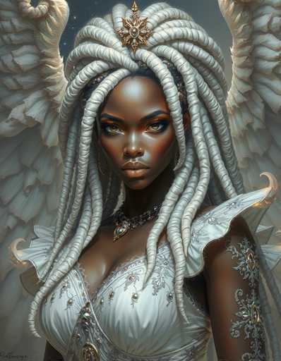This image portrays a striking black woman with an intense gaze, her eyes a captivating blend of orange and brown. She is adorned in a white dress that features intricate silver embroidery and gemstones, with a deep neckline that reveals a hint of cleavage. Her dress is embellished with ornate details, including a prominent gemstone necklace and a gold brooch on her chest. Her hair is styled in numerous white braids, resembling rope or twine, and is crowned with a golden star-like ornament. She also wears large gold hoop earrings and has a nose ring. Her arms are covered in silver tattoos or jewelry, adding to her regal appearance. Behind her, a pair of majestic white angel wings extends outward, enhancing her ethereal presence. The background is a dark blue sky dotted with stars, creating a celestial atmosphere. The overall image has a slightly cartoonish yet realistic style, with a signature in the bottom left corner.
