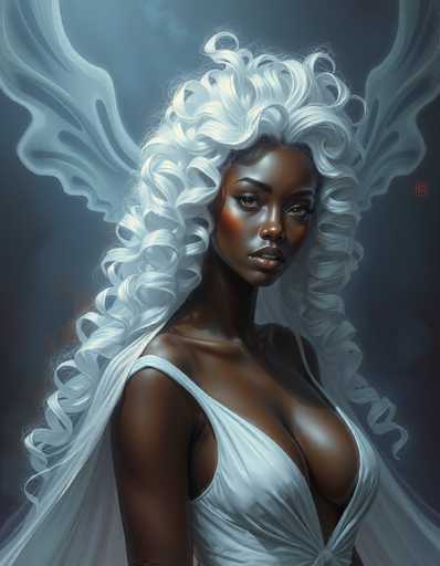 This image portrays a striking, computer-generated depiction of a dark-skinned woman with an ethereal presence. She is adorned in a low-cut, white dress that accentuates her cleavage, and her long, curly white hair cascades down her back, blending seamlessly into a veil-like background. Her face, framed by this flowing mane, features a serious expression with slightly parted lips, revealing her teeth. She has brown eyes, dark eyebrows, and a hint of red blush on her cheeks, adding a touch of warmth to her otherwise stoic demeanor. Behind her, delicate, translucent white wings extend from her back, enhancing her angelic or fairy-like appearance. The background is a muted grayish-blue, which contrasts with her dark skin and the white elements of her attire, making her stand out prominently. The overall composition suggests a blend of realism and fantasy, creating a captivating and otherworldly image.