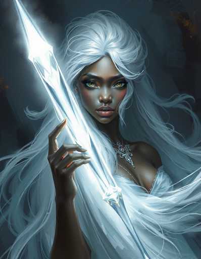 This detailed digital illustration depicts a striking female character with dark skin and long, flowing white hair that cascades down to her waist. Her hair is styled in a half-up, half-down manner, with some strands elegantly draped over her shoulders. She has captivating yellow eyes and is adorned with a silver necklace featuring a prominent red jewel. Her attire is a sheer, white dress that reveals her shoulders and chest, adding to her ethereal appearance.

In her right hand, she holds a glowing, crystal-like spear that emits a bright light, creating a dramatic effect against the dark, smoky background. The spear is pointed at the top and has a diamond-shaped tip at the bottom. The character's expression is serious, and she gazes directly at the viewer, exuding a sense of power and mystery. The overall composition of the image is vertical, emphasizing the character's elongated form and the dramatic interplay of light and shadow.