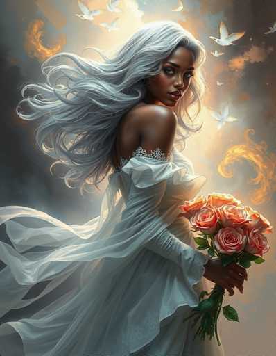 This image portrays a striking, computer-generated depiction of a black woman with long, flowing white hair, reminiscent of a cotton candy texture. She is adorned in a flowing white dress that features intricate lace detailing around the neckline and sleeves, which are off the shoulder. The dress's back is open, adding to the ethereal quality of her attire. She holds a bouquet of vibrant red roses in her left hand, with the stems wrapped around her wrist. Her face is turned towards the viewer, revealing her dark eyes and full lips, accentuated by a touch of red lipstick. The background is a blend of dark, smoky hues with hints of blue, and it is filled with white doves flying around her, adding to the dreamlike atmosphere. The overall scene is set against a backdrop that suggests a dramatic, possibly otherworldly setting, with the woman appearing almost as if she is emerging from a misty, smoky void.