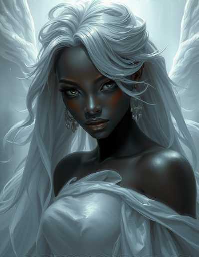 This image is a detailed, computer-generated illustration of a dark-skinned woman with long, flowing white hair that cascades down to her waist. She has striking green eyes and is adorned with large, dangling earrings that feature a teardrop design with three crystals at the bottom. Her attire is a sheer, white dress that drapes elegantly over her shoulders, leaving her upper chest and arms exposed. The background is a light blue, almost ethereal, with white angel wings extending from her back, adding to the celestial and otherworldly atmosphere of the scene. The overall composition is vertical, with the woman's face and upper body prominently featured, exuding a sense of grace and mystique.