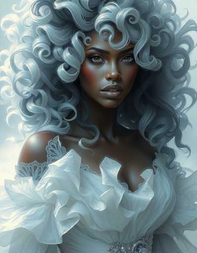 This image portrays a striking, computer-generated depiction of an African-American woman with a dark complexion. She has captivating, curly gray hair that cascades down to her shoulders, framing her face. Her eyes are a mesmerizing golden brown, and her lips are painted a soft pink. She is adorned in a white dress that features intricate lace details and a low neckline, revealing a hint of cleavage. The dress is embellished with a silver belt at the waist, adding a touch of elegance. The background is a light gray, which contrasts beautifully with her attire and hair. The overall composition of the image is vertical, emphasizing the woman's graceful posture and the detailed artistry of her appearance.