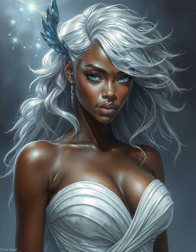This image features a striking, computer-generated depiction of a black woman with an ethereal presence. She has long, flowing white hair adorned with a blue feather, and her piercing blue eyes are framed by dark eyebrows and long eyelashes. Her lips are slightly parted, revealing her top teeth, and she gazes directly at the viewer with a serious expression. She is wearing a white, strapless dress that accentuates her cleavage, and her bare arms are visible. The background is a blend of gray and blue hues, with a subtle light emanating from the top left corner, adding to the mystical atmosphere. The overall composition is vertical, with the woman's head positioned at the top and her body extending downwards. The image is devoid of any text, focusing solely on the captivating portrayal of the woman.