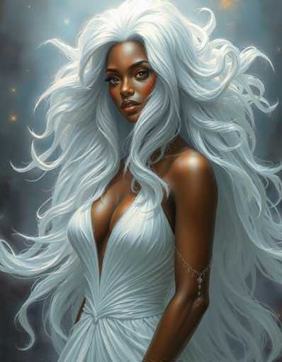 The image depicts a striking, computer-generated portrait of a black woman with long, flowing white hair that cascades past her waist. She is adorned in a white, sleeveless dress that features a deep V-neckline, revealing a significant portion of her chest. The dress is cinched at the waist with a belt, accentuating her figure. Her skin is a rich brown, and she has a warm, slightly smiling expression. Her makeup is subtle yet noticeable, with red lipstick and a touch of blush on her cheeks. A delicate silver chain bracelet adorns her left arm, extending from her elbow to her wrist. The background is a dark, cloudy gray, speckled with small yellow and white stars, giving the impression of a night sky. The overall composition is vertical, emphasizing the woman's elegant and ethereal presence.